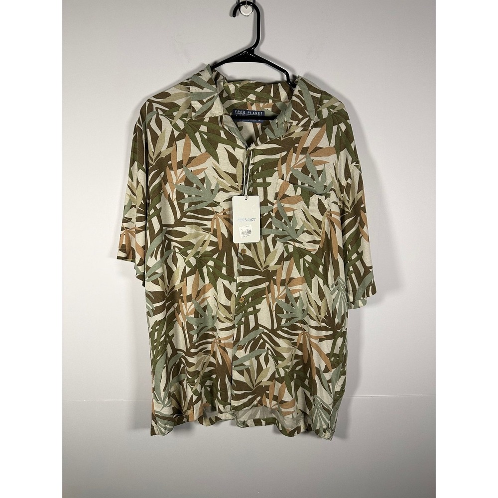 Free Planet Shirt Mens L Short Sleeve Leaf Print Viscose Linen Oyster Camp
